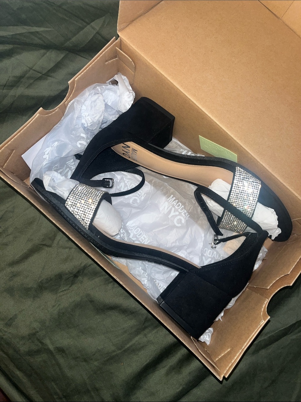 Black Block Heel Sandals with Crystal Strap Madden NYC